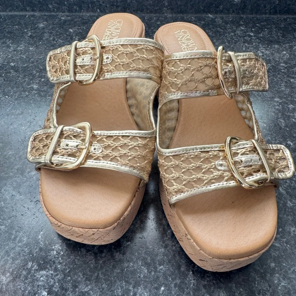 Crown Vintage Strappy Buckle Cork Platform Wedge Gold Sandal Woven Cane Women 10